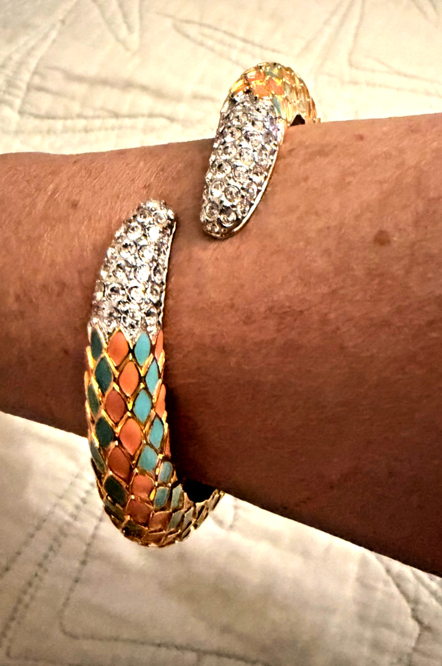 Vtg Signed KJL Kenneth J Lane Coral & Turquoise Enamel & CZ Bypass Bracelet